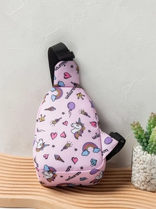 Detailed view of pink unicorn chest bag with adjustable strap and vibrant cartoon prints