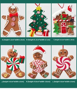 Detailed macro view of polymer clay gingerbread man and Christmas tree ornaments with dimensions