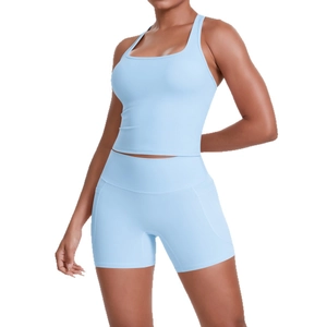 Women's sky blue racerback sports top and high waist shorts set with side pockets