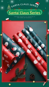Detail of red and green Christmas wrapping paper with Santa Claus and HO HO patterns