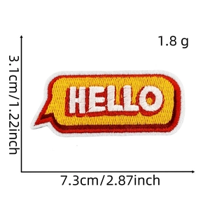 Funny 'HELLO' word bubble embroidered patch in yellow, red and white, size 7.3x3.1cm