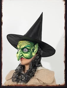 Side view of green goblin mask with black pointed witch hat and long grey curly hair wig