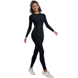 Detail of seamless knit texture on high-elastic black thermal sport set for women