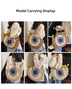 Detailed views of a large woven straw bag with Evil Eye design and brown leather straps