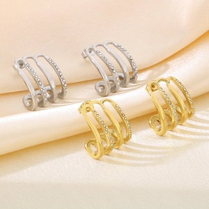 Minimalist C-shaped stainless steel layered earrings with rhinestones in gold and silver