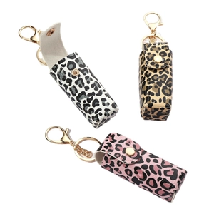 Leopard print PU leather lipstick holder keychain with gold hardware in three colors