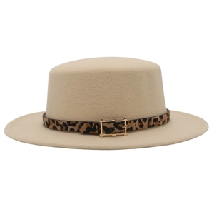 Vintage beige wool felt boater hat with leopard print band and gold buckle detail