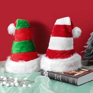 Striped Plush Christmas Hat Santa Elf Cap For Holiday Party Costume Accessories Red Green White Soft Fuzzy Fabric
