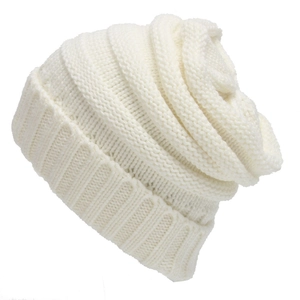 Classic white ribbed knit beanie hat for winter warmth with stylish folded cuff