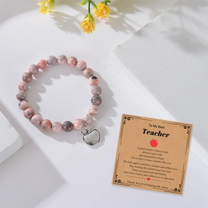 Pink zebra stone beaded bracelet with apple charm and teacher appreciation gift card