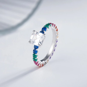 925 sterling silver Asscher cut high carbon diamond ring with colorful rainbow side stones