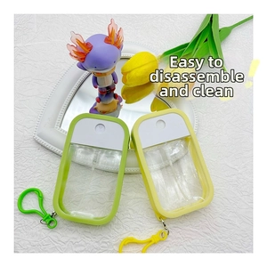 Detail view of macaron colored refillable spray bottles with silicone covers and hooks