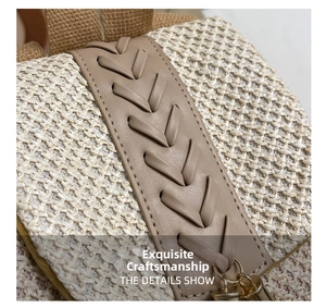 Detail of straw woven backpack featuring khaki leather strap and lace-up design
