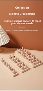Detailed macro view of conical solid wood ring display stands on rectangular wooden bases