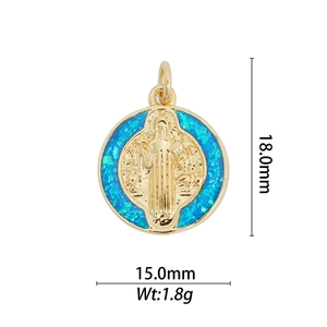 Detailed view of 18k gold plated St. Benedict religious pendant with dimensions 18x15mm