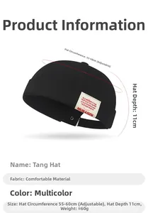 Detail of adjustable black brimless docker hat showing dimensions and side woven label
