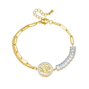 Golden titanium steel tree of life bracelet with rectangular zircons and mixed chain