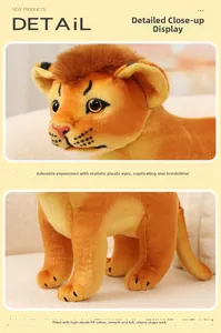 Macro shot of lion plush showing high-elastic PP cotton filling and realistic plastic eyes
