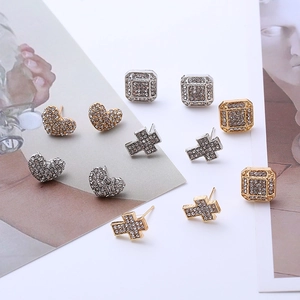 Chic heart, cross, and square crystal stud earrings in gold and silver finishes