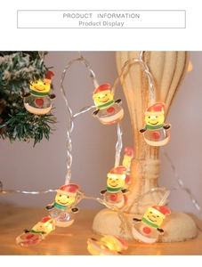 Detail of LED snowman fairy lights with warm glow and festive red hat for holiday decor
