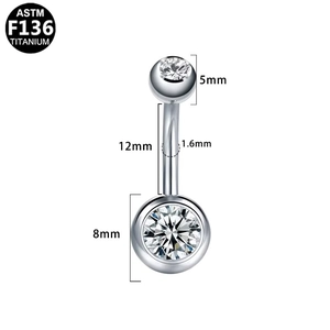 Detailed dimensions of ASTM F136 titanium navel ring with crystal stones and size labels
