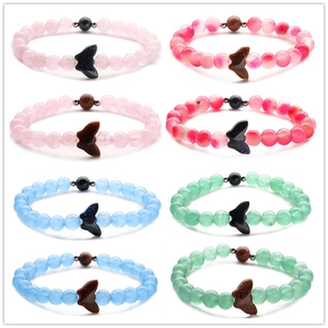Natural Stone Beaded Bracelet With Butterfly Fish Tail Pendant Elastic Gemstone Jewelry For Women Men