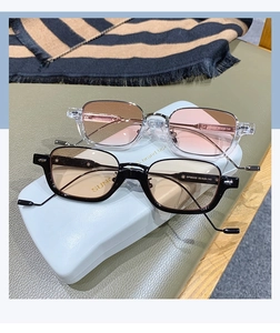 Close-up of retro square sunglasses in tea and pink gradient lenses with model OF86335