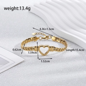 Gold stainless steel hollow heart cuban link bracelet with detailed size measurements