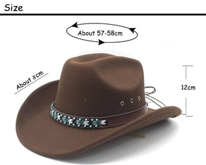 Guida alle taglie per cappello da cowboy in feltro marrone con fascia in pelle e perline