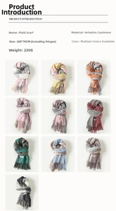 Detail showcasing dimensions and multi-color checkered imitation cashmere scarves with tassels