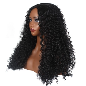 Detail of long black afro kinky curly synthetic wig with tight curls on a mannequin