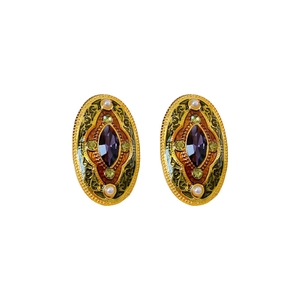 Vintage floral oval earrings with purple crystals, pearls, and gold enamel finish