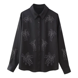 Women Casual Satin Shirt And Pants Outfit Floral Embroidery Beaded Long Sleeve Vacation Suit Streetwear