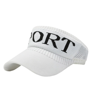 White breathable knit sport sun visor hat with black SPORT lettering on front view