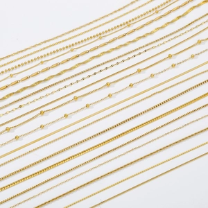 Detailed selection of 18k gold plated stainless steel chains including snake and bead styles