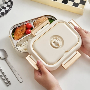 Beige 304 stainless steel lunch box with compartments and food seen from above