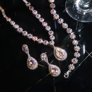 Detail view of colorful rhinestone jewelry set featuring rainbow crystals on silver plating
