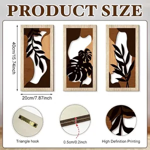 French style 3-piece wooden leaf wall art set with dimensions and mounting hook details