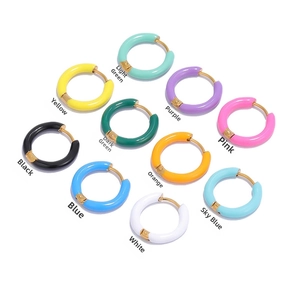 Macro view of 12mm stainless steel hoop earrings in ten vibrant enamel color finishes