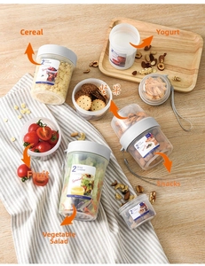 Detail view of double-layer food container with white lid and portable carrying strap