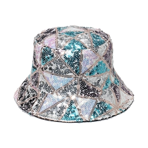Colorful geometric sequin bucket hat for hip-hop and streetwear style on white background