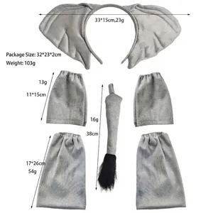 5-piece gray plush elephant costume set including ears headband and tail with dimensions