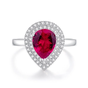 Luxurious S925 silver ring featuring a pear-cut pigeon blood red ruby with diamond halo