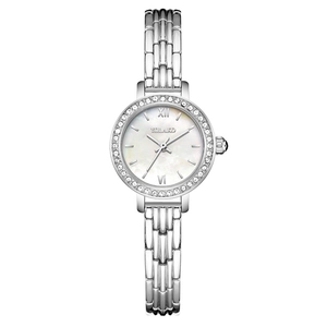 Elegant women's silver quartz watch with rhinestone bezel and mother of pearl dial