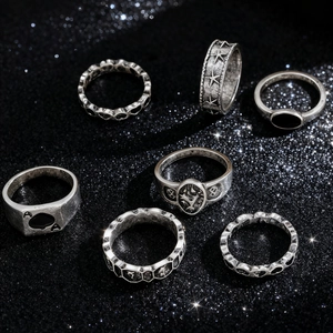 Detailed view of 7-piece vintage silver punk ring set with spider and skull motifs