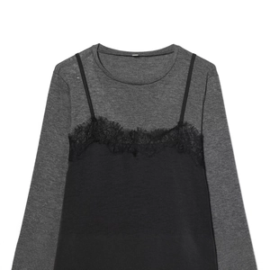 Haut à manches longues pour femmes avec tricot gris et design patchwork en dentelle noire