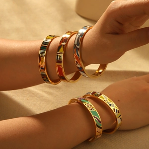 Bangle Bracelet Stainless Steel 18K Gold Plated Colorful Enamel Geometric Pattern Hinged Buckle Fashion Jewelry Women