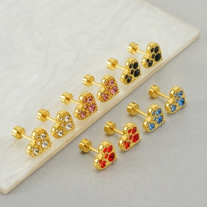 Heart Stud Earrings 18K Gold Plated Stainless Steel Rhinestone Screw Back Minimalist Jewelry For Women