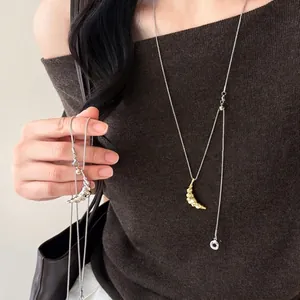 Croissant Pendant Long Necklace Copper Real Gold Plated Sweater Chain French Minimalist Luxury Jewelry Women