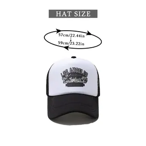 Size chart showing head circumference 57-59cm for LOS ANGELES trucker cap with mesh back